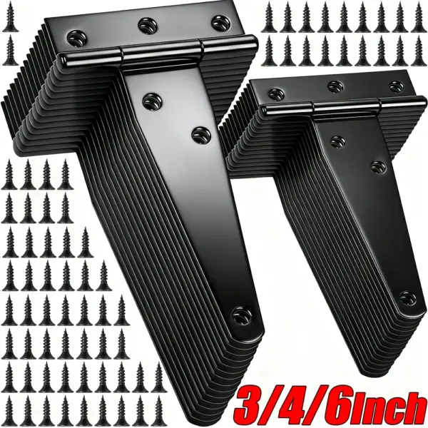 1-6Set 3/4/6inch T-Strap Metal Hinges Black Heavy-Duty with Screws for Outdoor Wood Fences Barn Shed Gate Door Hinge Rustproof