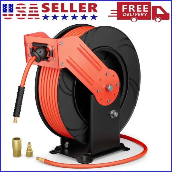 Retractable Air Hose Reel, 3/8 IN x 65 FT Hybrid Air Hose Max 300PSI, Air Compressor Hose Reel with 5 ft Lead in, Heavy Duty