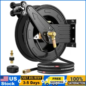 Pressure Washer Hose Reel, Double Arm 3/8in x 50ft Retractable Pressure Washer Reel Auto Rewind Power Wash Hose Reel, 5 ft Lead
