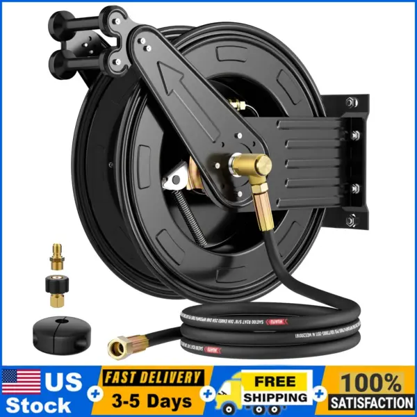 Pressure Washer Hose Reel, Double Arm 3/8in x 50ft Retractable Pressure Washer Reel Auto Rewind Power Wash Hose Reel, 5 ft Lead