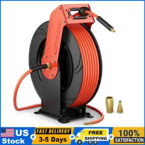 Retractable Air Hose Reel, 3/8" x 65ft Hybrid Hose, Air Compressor Heavy Duty Steel Reel Auto Rewind 300PSI, Wall Mount
