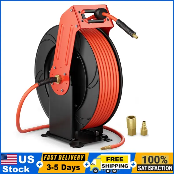 Retractable Air Hose Reel, 3/8" x 65ft Hybrid Hose, Air Compressor Heavy Duty Steel Reel Auto Rewind 300PSI, Wall Mount
