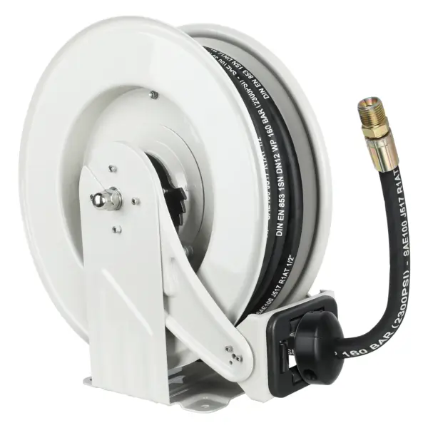 Oil Hose Reel Retractable 1/2'' x 50'ft Fuel Hose Reel W P 160 BAR Max 2300 PSI Adjustable Support Arm and Pipe Gripper Spring