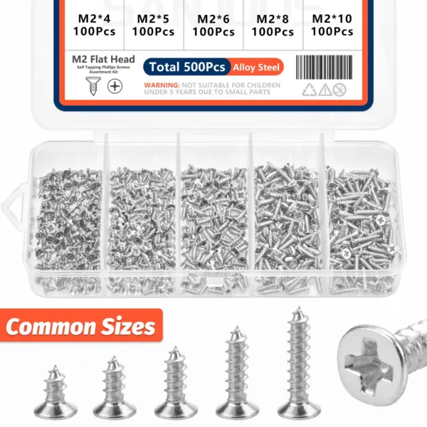 500Pcs M2 Self Tapping Phillips Screws Assortment Kit 5 Sizes Alloy Steel Cross Drive Flat Head Self Drilling Wood Screws DIY