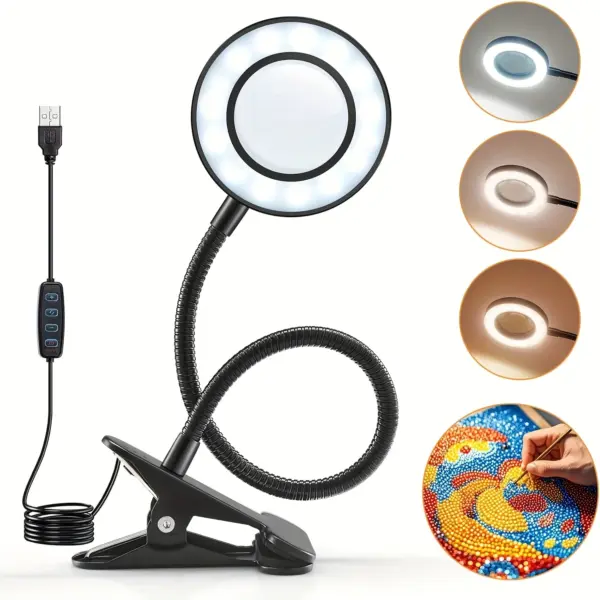 48 LED Bead Magnifying Lamp with Clamp, Adjustable Gooseneck Desk Lamp, 3 Color Temperatures (Cold White/Neutral/Warm Yellow)