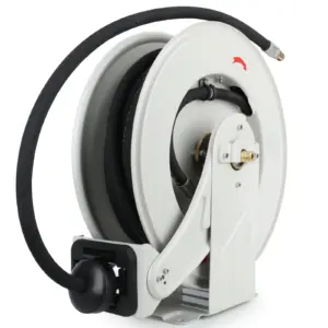 3/8 inch x 50ft (15m) Oil Hose Reel Retractable W P 330 BAR Max 4800 PSI Adjustable Support Arm and Pipe Gripper Spring Driven