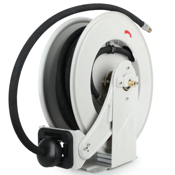 3/8 inch x 50ft (15m) Oil Hose Reel Retractable W P 330 BAR Max 4800 PSI Adjustable Support Arm and Pipe Gripper Spring Driven
