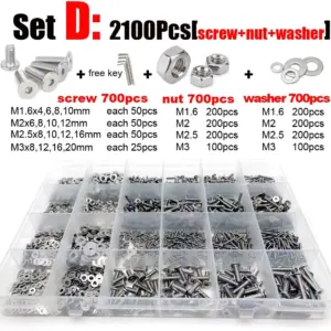 400/2100 M1.6 M2 M3 M4 M5 304 Stainless Steel Hexagon Hex Socket Ultra Thin Flat Wafer Head Screw Bolt Nut Washer Assortment Kit
