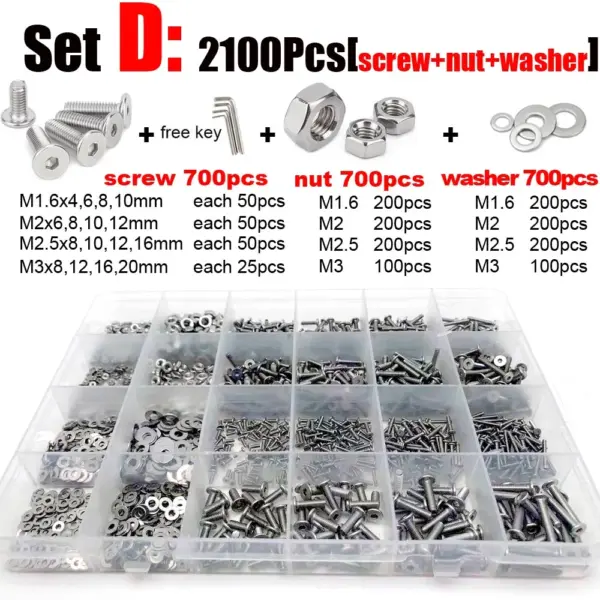 400/2100 M1.6 M2 M3 M4 M5 304 Stainless Steel Hexagon Hex Socket Ultra Thin Flat Wafer Head Screw Bolt Nut Washer Assortment Kit