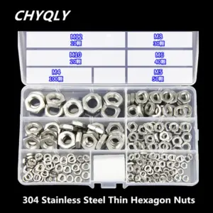 250pcs/Set 304 Stainless Steel Thin Hexagon Hex Hesd Nuts M4 M5 M6 M8 M10 M12 Screw