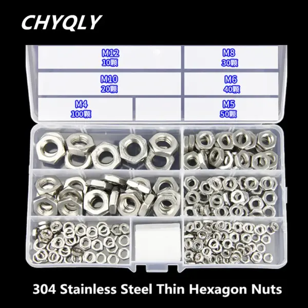 250pcs/Set 304 Stainless Steel Thin Hexagon Hex Hesd Nuts M4 M5 M6 M8 M10 M12 Screw