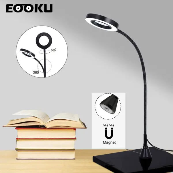EOOKU Magnetic Base USB LED Reading Table Lamp with 3X Magnifier 3 Colors Adjustable Eye Protection Lighting Office Desk Lamp