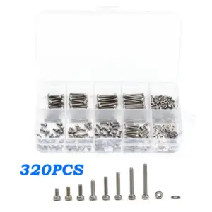 320Pcs/set M2 Hexagon Socket Head Cap Screws 304 Stainless Steel Bicycle Hex Bolts Flat Washer Assortment Kit with Plastic Box