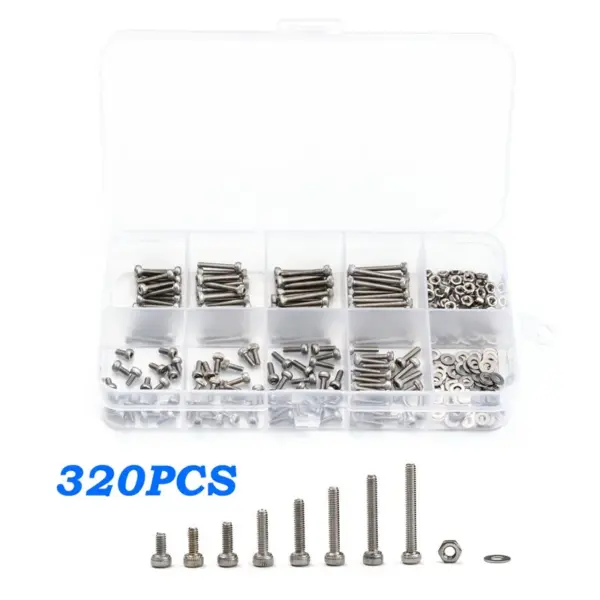 320Pcs/set M2 Hexagon Socket Head Cap Screws 304 Stainless Steel Bicycle Hex Bolts Flat Washer Assortment Kit with Plastic Box