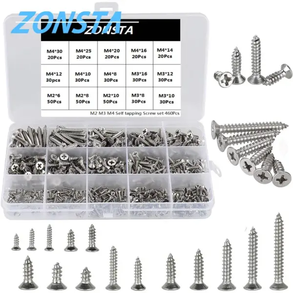 M2 M3 M4 460Pcs Countersunk Flat Head Tapping Screws Set 304 stainless steel Small Cross Recessed Wood screw Assortment kit