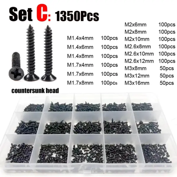 1350/2010x Black Mini Micro Phillips Flat Countersunk Head Self Tapping Wood Screw Set M1 M1.2 M1.4 M1.7 M2 M3 M4 assortment Kit