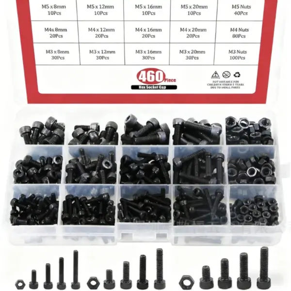 460Pcs screw set M3 M4 M5 X 8/12/16/20,black carbon steel Allen Hexagon Hex Socket cap Round Head Screw Bolt Nut Assortment Kit