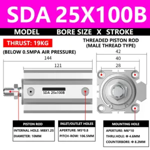 ABILKEEN SDA25X100B SDA Series Thin Air Cylinder 25MM Male Thread Bore X 100MM Stroke Double Acting Pneumatic Compact Cylinder