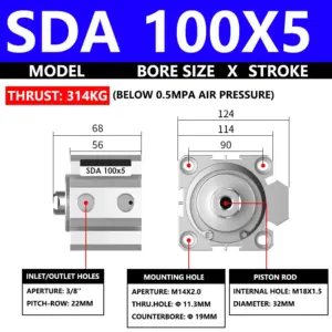 ABILKEEN SDA100X5 SDA Series Thin Air Cylinder 100MM Female Thread Bore X 5MM Stroke Double Acting Pneumatic Compact Cylinder