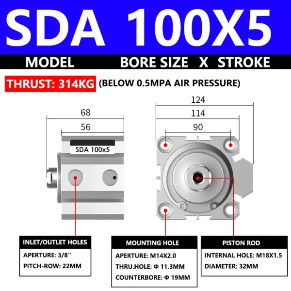 ABILKEEN SDA100X5 SDA Series Thin Air Cylinder 100MM Female Thread Bore X 5MM Stroke Double Acting Pneumatic Compact Cylinder