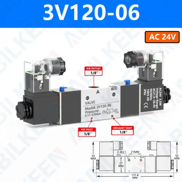 ABILKEEN 3V120-06 3V120-M5 Dual Electrical Control Air Solenoid Valves 3 Way 2 Position Normally Closed Pneumatic Solenoid Valve