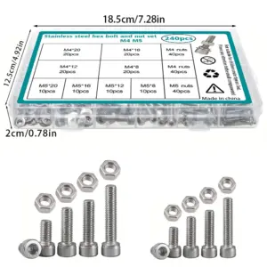 240-piece stainless steel socket head cap bolt and nut set, M4/M5, lengths 8mm, 12mm, 16mm, 20mm, for industrial equipment.