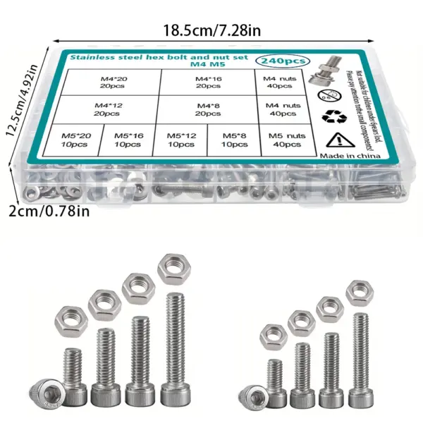 240-piece stainless steel socket head cap bolt and nut set, M4/M5, lengths 8mm, 12mm, 16mm, 20mm, for industrial equipment.
