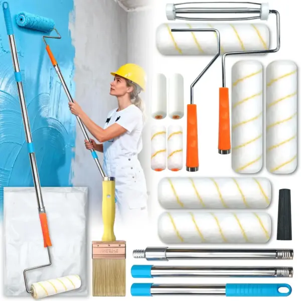 16-Piece Paint Roller Kit with 5 ft Extension Pole, 9" & 4" Rollers, Frames, Brush, Drop Cloth for Wall Painting