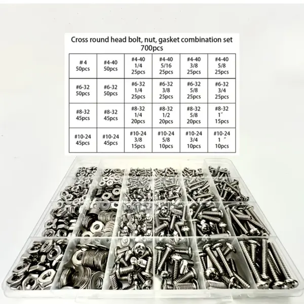 700pcs stainless steel nut and bolt combination kit, 4-40#6-32#8-32#10-24 combination