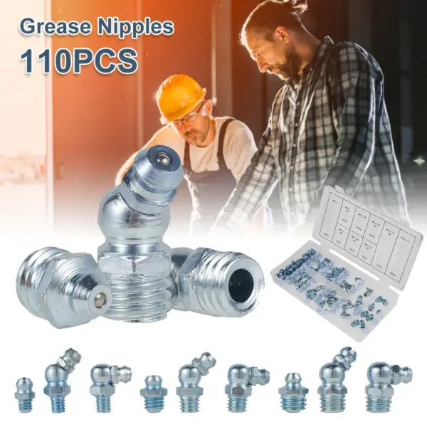 110 Pcs Grease Nipple Fittings Assortment Kit Straight 45/90-Degree Angled Galvanized Metal Grease Nipple Set M6 M8 M10 for Moto