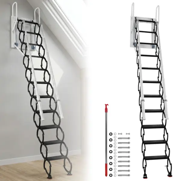 Telescoping Ladder with 2 Handrails and Pull-Down System Telescoping Attic Ladder Load Capacity 660Lbs for Indoor Outdoor