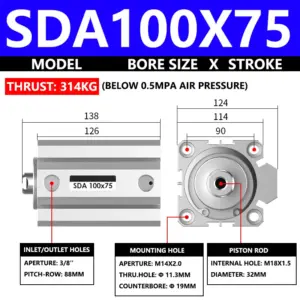 ABILKEEN SDA100X75 SDA Series Thin Air Cylinder 100MM Female Thread Bore X 75MM Stroke Double Acting Pneumatic Compact Cylinder