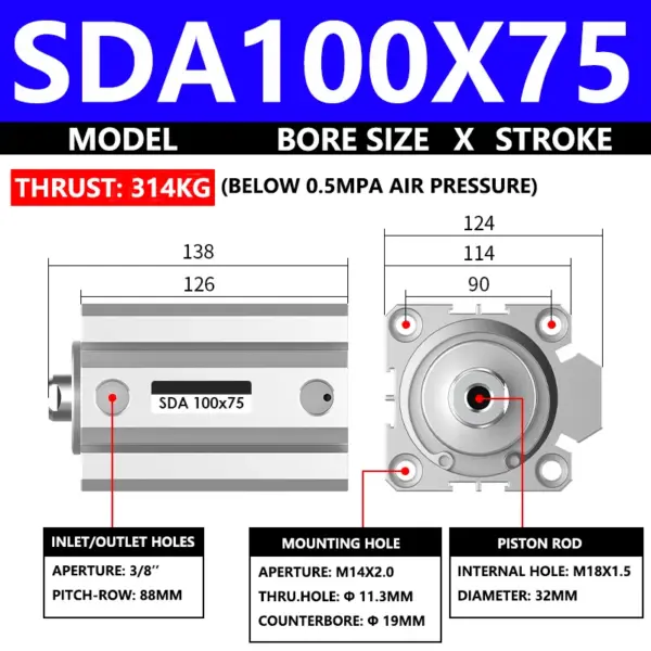 ABILKEEN SDA100X75 SDA Series Thin Air Cylinder 100MM Female Thread Bore X 75MM Stroke Double Acting Pneumatic Compact Cylinder