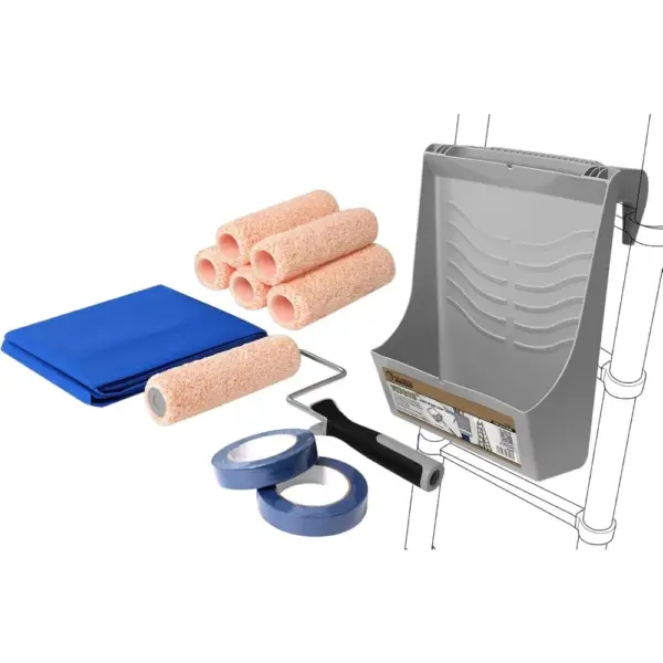 Multifunctional 11 Piece Paint Roller Tray Set with Ladder Tray 9 Inch Roller Drop Cloth Masking Tape