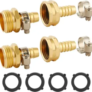 Brass Garden Hose Repair Connector Kit with Clamps, Fit 1/2" Hose, 1/2" Barb x 3/4" GHT Adapter, Water Hose Repair Kit