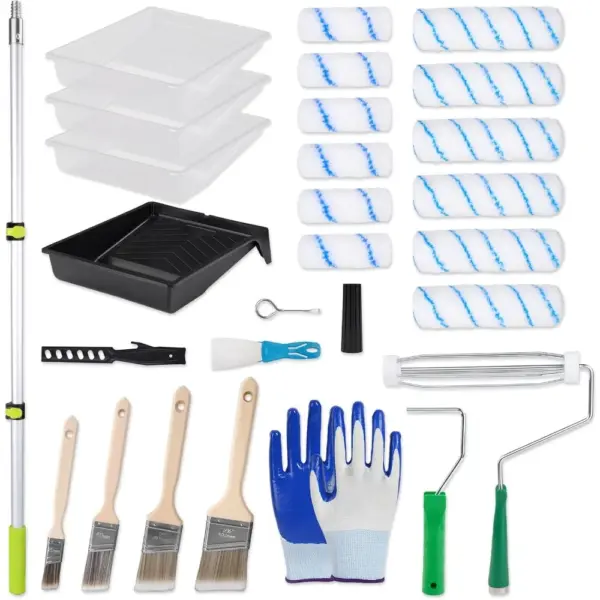 Complete 29 Piece Roller Kit with 2 4FT Extension Pole Brushes for Wall Ceiling Latex Oil Paint
