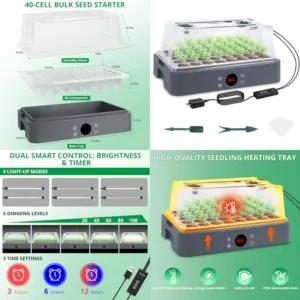Seed Starter Tray with Grow Light, Heated Seed Starter Kit with Temperature Display, Humidity Dome Germination Kit, Adjustable