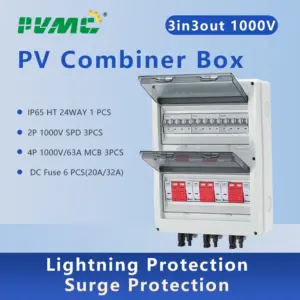HT 1000V 3-in 3-out Solar PV DC Combiner Box Solar photovoltaic PV Combiner Box With Lightning Protection 32A Fuse MCB SPD