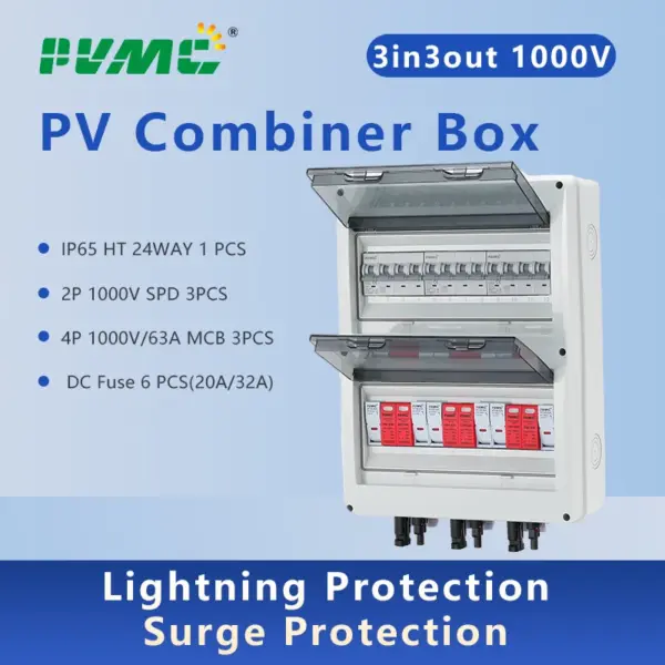HT 1000V 3-in 3-out Solar PV DC Combiner Box Solar photovoltaic PV Combiner Box With Lightning Protection 32A Fuse MCB SPD