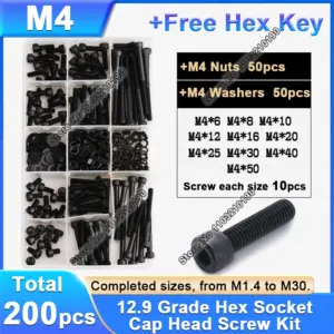 200Pcs M4 Hexagon Hex Socket Cap Head Screw Nut Assortment Kit Black 12.9 Grade Allen Head Bolt and Nuts with Washer Hex Key Set
