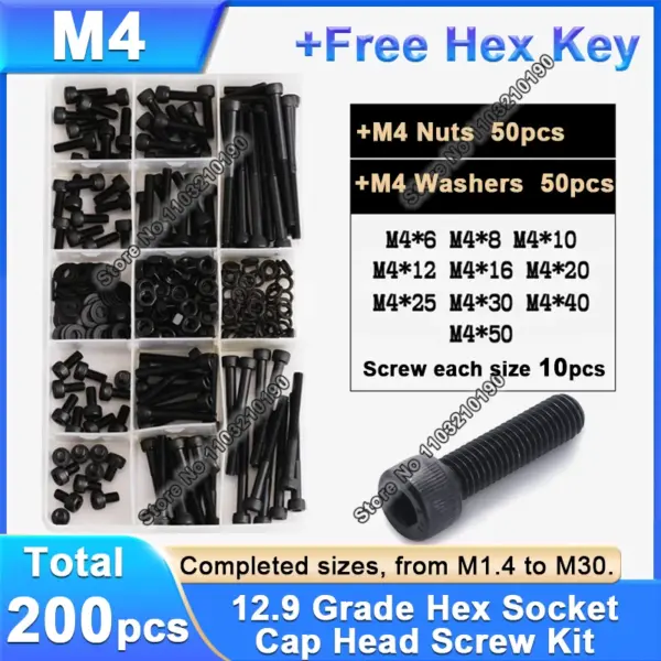 200Pcs M4 Hexagon Hex Socket Cap Head Screw Nut Assortment Kit Black 12.9 Grade Allen Head Bolt and Nuts with Washer Hex Key Set