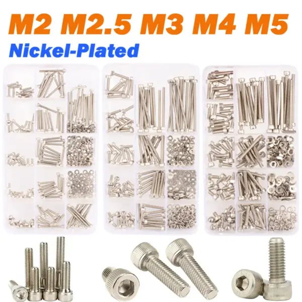 1Box Machine Screws Assortment Kit M2 M2.5 M3 M4 M5 12.9Grade Alloy Steel Nickel-Plated Hex Socket Allen Head Screw Bolt Set Kit