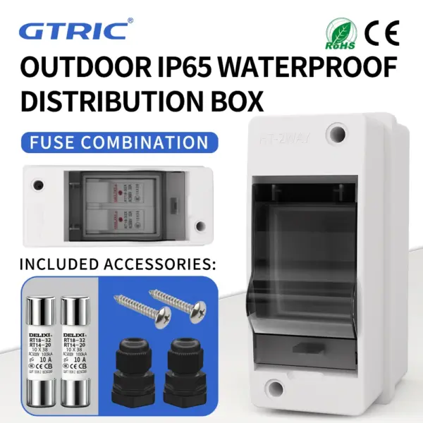 GTRIC HT IP65 Outdoor Electrical Distribution Box 2ways RT18-32X 1P Fuse Fusible Core Kit 500VAC 2-32A PC Junction Wire Box