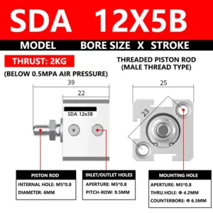 ABILKEEN SDA12X5B SDA Series Thin Air Cylinder 12MM Male Thread Bore X 5MM Stroke Double Acting Mini Pneumatic Compact Cylinder