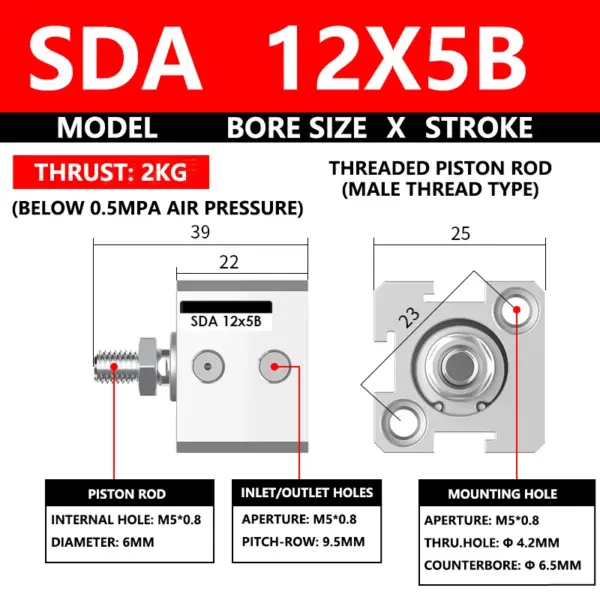 ABILKEEN SDA12X5B SDA Series Thin Air Cylinder 12MM Male Thread Bore X 5MM Stroke Double Acting Mini Pneumatic Compact Cylinder