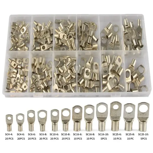 170pcs Tinned Copper Battery Terminal Lugs SC10-6 SC16-8 SC25-8 Cable Connectors for Automotive Solar Marine Wiring
