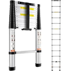 SucceBuy Telescoping Ladder 12.5 FT Aluminum One-Button Retraction Collapsible Extension 375 LBS Capacity w/Non-Slip for Home RV