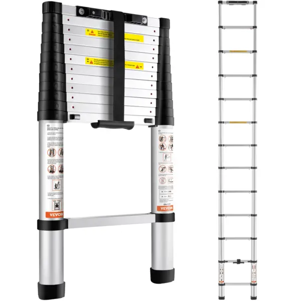 SucceBuy Telescoping Ladder 12.5 FT Aluminum One-Button Retraction Collapsible Extension 375 LBS Capacity w/Non-Slip for Home RV