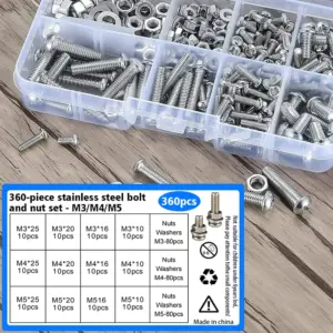 360-piece stainless steel Phillips head bolt and nut set, M3/M4/M5, for DIY and home repair and maintenance.