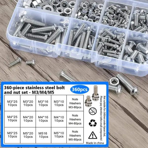 360-piece stainless steel Phillips head bolt and nut set, M3/M4/M5, for DIY and home repair and maintenance.